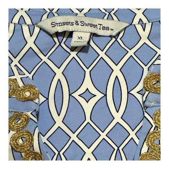 Sunsets & Sweet Tea Womens Blue & White Gold Geometric Tunic Dress Midi Summer - Picture 2 of 4